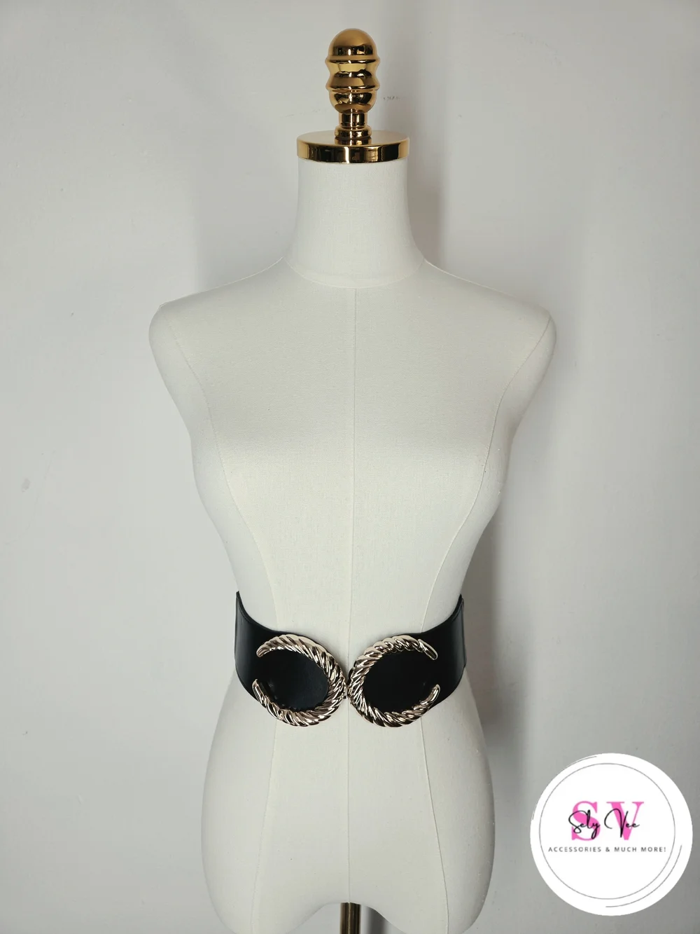 Stretchy Black Wide Waist Belt with Gold Rope Buckle